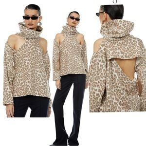 New LOÉIL “Leslie” High Neck Cheetah Print Sweater Shoulder & Back Cutout RUNWAY
